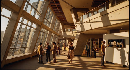 A modern interior space with large windows, showcasing people engaged in conversation and activities, warm sunlight casting shadowsの素材