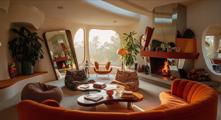 A modern, stylish living room featuring unique furniture, large windows, and a cozy fireplace, with plants and decorative elementsの素材