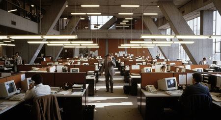 A spacious office environment with multiple workstations, featuring computers and employees engaged in various tasks, modern architecture with large windows and concrete structuresの素材