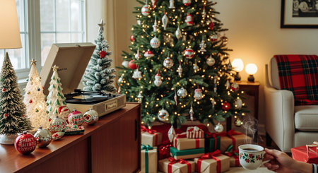 A cozy living room decorated for christmas, featuring a beautifully lit tree, wrapped gifts, and a vintage record playerの素材