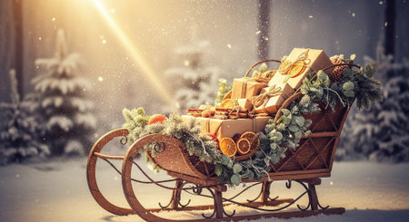 A vintage wooden sleigh filled with wrapped gifts, surrounded by snow and evergreen trees, with a warm golden light shining downの素材