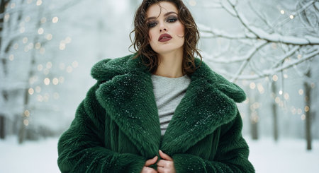A woman in a luxurious green fur coat standing in a snowy landscape, with soft snowflakes falling around her and blurred lights in the backgroundの素材
