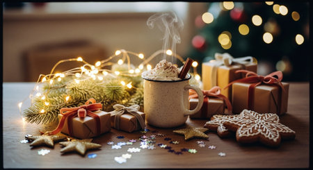 A cozy holiday scene featuring a steaming cup of hot chocolate topped with whipped cream and a cinnamon stick, surrounded by beautifully wrapped gifts, festive decorations, and gingerbread cookiesの素材