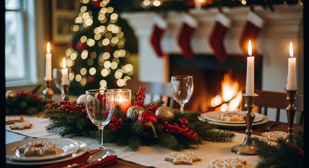 A beautifully set dining table for Christmas, featuring candles, glassware, and festive decorations, with a Christmas tree and stockings in the backgroundの素材