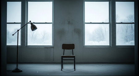 A solitary chair in an empty room with large windows showing a snowy landscape outside, soft light from a lamp, minimalistic and serene atmosphereの素材