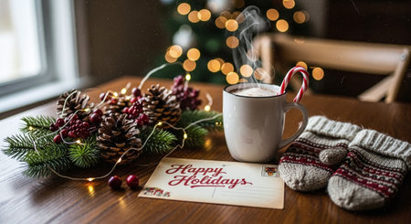 A cozy holiday scene featuring a cup of hot chocolate with steam, candy canes, a festive arrangement of pine cones and berries, a holiday postcard, and knitted mittens on a wooden tableの素材
