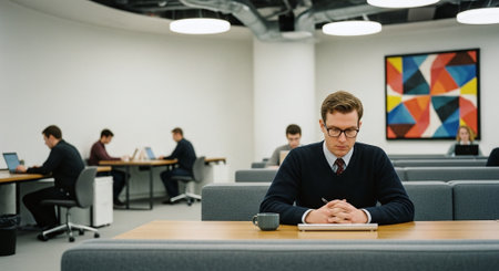A focused man sitting at a desk in a modern office space, working on a laptop, with others in the background also engaged in work, featuring contemporary decor and bright lightingの素材