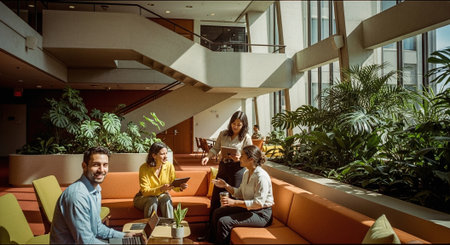 A group of four professionals engaged in a discussion in a modern office space with plants and natural lightの素材