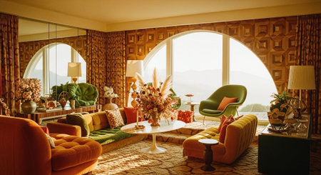 A stylish retro living room with large windows, featuring colorful furniture, a round coffee table, and vibrant floral arrangementsの素材