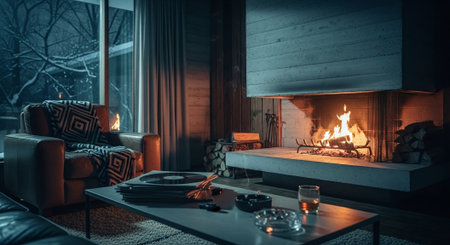 A cozy living room with a fireplace, warm glow, modern furniture, and a snowy view outsideの素材