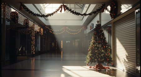 A decorated shopping mall corridor during the holiday season, featuring a Christmas tree and festive lightsの素材