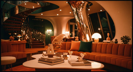 A stylish and modern interior of a luxurious lounge, featuring a spiral staircase, elegant furniture, and decorative elements like vases and plantsの素材