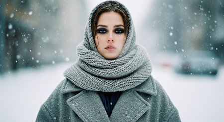 A young woman standing in a snowy street, wearing a warm gray coat and a thick scarf, with snowflakes falling around her, creating a serene winter atmosphereの素材