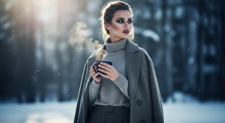 A stylish woman in a winter setting, holding a steaming cup, wearing a gray coat and sweater, with a snowy background and soft sunlightの素材