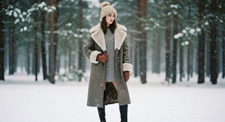 A woman standing in a snowy forest wearing a stylish winter coat and hat, surrounded by falling snowflakesの素材