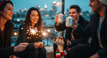 A group of friends celebrating with sparklers and mugs, a dog in festive attire, city skyline in the background, evening gatheringの素材