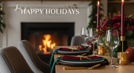 A beautifully set dining table for the holidays, featuring elegant tableware, candles, and a festive floral arrangement, with a cozy fireplace in the backgroundの素材