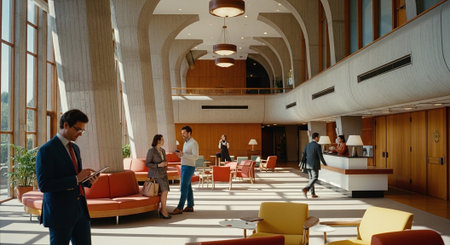 A modern office lobby with large windows, featuring stylish furniture and people interactingの素材