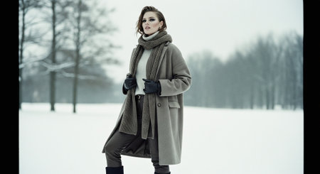A woman in a stylish winter outfit standing in a snowy landscape, wearing a long coat, scarf, and gloves, with trees in the backgroundの素材