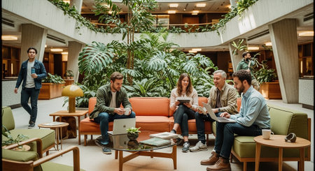 A group of professionals collaborating in a modern office lounge with plants, discussing ideas and working on laptopsの素材