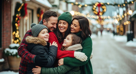 A joyful family embracing in a snowy street decorated for the holidays, with festive lights and wreaths in the backgroundの素材