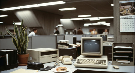 A vintage office scene featuring an old computer, a telephone, and a calendar from October 1987, with a plant and a doughnut on the deskの素材