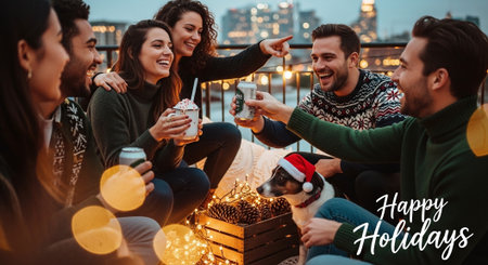 A group of friends celebrating the holidays on a rooftop, enjoying drinks and laughter, with festive decorations and a dog wearing a santa hatの素材
