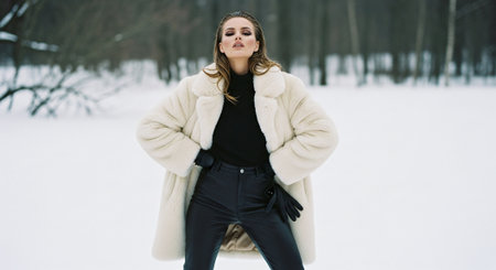 A fashionable woman in a winter setting, wearing a stylish white fur coat and black outfit, posing confidently in the snow with a forest backgroundの素材