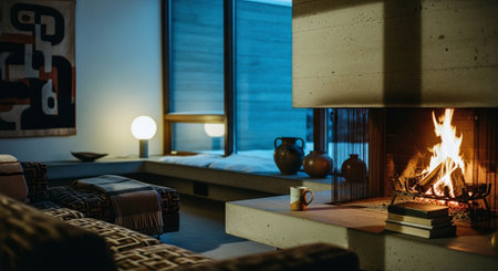 A cozy living room with a modern fireplace, warm lighting, and comfortable seating, featuring decorative pottery and a minimalist aestheticの素材