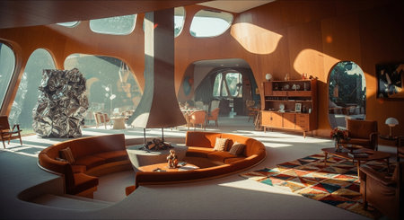 A modern interior of a stylish living room featuring organic shapes, large windows, and a unique fireplace, with elegant furniture and artistic decorの素材