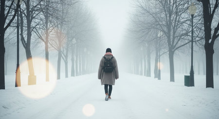 A solitary figure walking down a snowy path in a foggy park, surrounded by bare trees, creating a serene winter atmosphereの素材