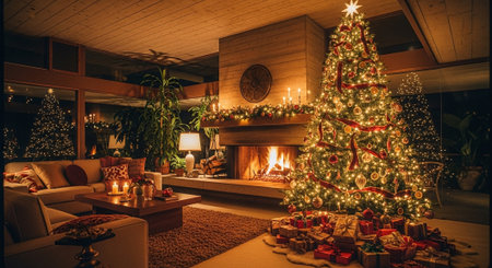 A cozy living room decorated for Christmas, featuring a beautifully lit Christmas tree, a fireplace with a warm fire, and wrapped gifts underneath the treeの素材
