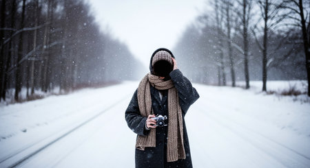 A person standing on a snowy path, holding a camera, wearing a scarf and coat, with a blurred face, surrounded by trees in winterの素材