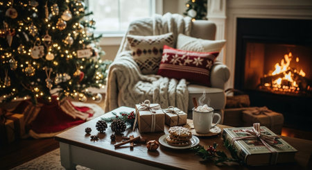 A cozy living room decorated for christmas, featuring a beautifully lit tree, a comfortable armchair with a knitted blanket, a coffee table with gifts, cookies, and a steaming mug of hot chocolateの素材