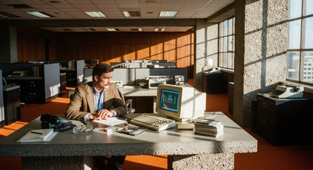 A man sitting at a desk in an office, with a vintage computer and typewriter, sunlight streaming through large windows, retro decorの素材