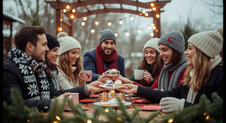 A group of friends enjoying a winter gathering outdoors, sharing desserts and drinks, surrounded by festive lights and a cozy atmosphereの素材