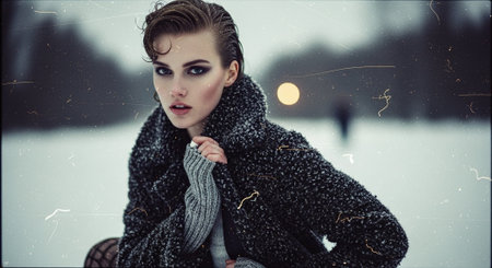 A young woman in a stylish winter coat poses in a snowy landscape, with a soft bokeh background and a warm glow from the setting sunの素材