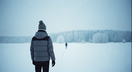 A person standing on a snowy landscape, looking at another figure in the distance, surrounded by trees covered in frostの素材
