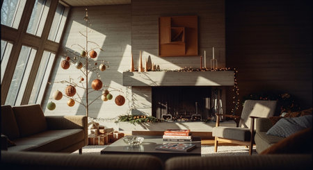 A cozy living room decorated for the holidays, featuring a modern fireplace, a unique Christmas tree with ornaments, and warm lightingの素材