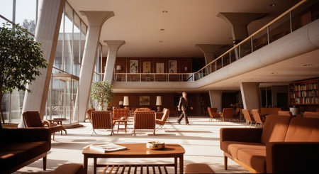 A modern interior of a spacious lobby with large windows, featuring minimalist furniture, plants, and a person walking through the spaceの素材