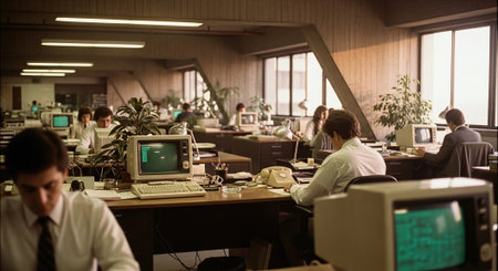 A vintage office scene with multiple desks, old computers, and employees working in a spacious environmentの素材