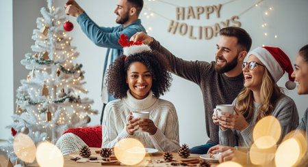 A group of friends celebrating the holidays, decorating a Christmas tree, wearing festive hats, and enjoying hot drinksの素材