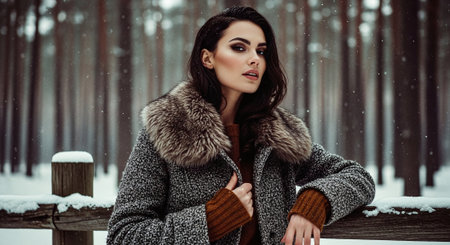 A woman in a stylish winter coat with fur collar, standing in a snowy forest, looking confidently at the camera, with tall trees in the backgroundの素材