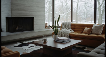 A cozy modern living room with a fireplace, large windows showing a snowy landscape, an orange sofa with a knitted blanket, a coffee table with books and a mug, and a plantの素材