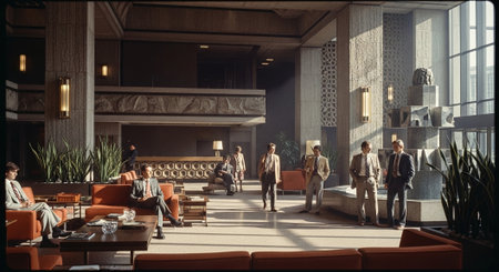 A modern office lobby with mid-century design, featuring people in business attire, large windows allowing natural light, and stylish furnitureの素材