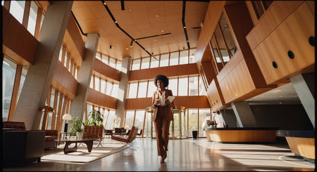 A professional woman walking through a modern office lobby with large windows and wooden accents, holding documentsの素材