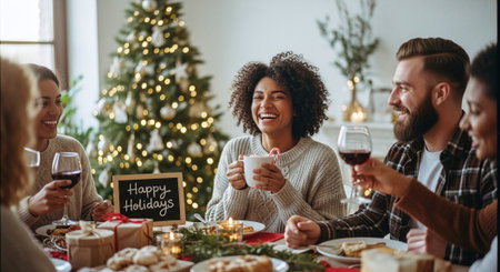 A festive holiday gathering with friends enjoying food and drinks, a decorated Christmas tree in the background, cheerful atmosphereの素材