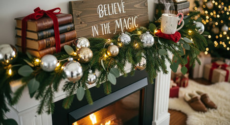 A cozy holiday scene featuring a decorated fireplace with a wooden sign that says believe in the magic, surrounded by books, ornaments, and a steaming mugの素材