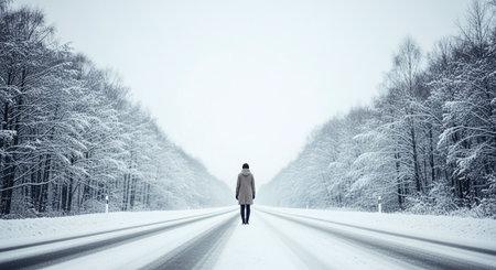 A solitary figure walking on a snow-covered road surrounded by trees in winterの素材