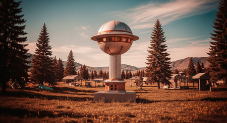 A futuristic, metallic structure resembling a flying saucer, set in a serene landscape with pine trees and mountains in the background, showcasing a blend of nature and technologyの素材